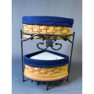 Longaberger 2 Tier Countertop Organizer Stand with Blue Lined Baskets Corner Set